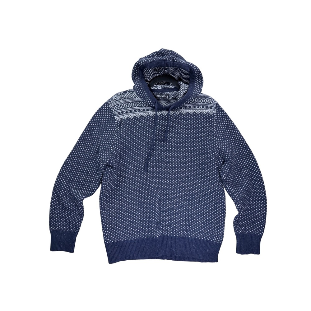J.Crew Mercantile Hoodie Sweater Medium Navy Blue Fair Isle Knit K3328